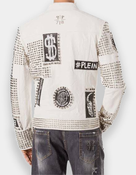 Men's White Full Studded Embroidery Patches Leather Jacket, Biker-Jacke mit Nieten